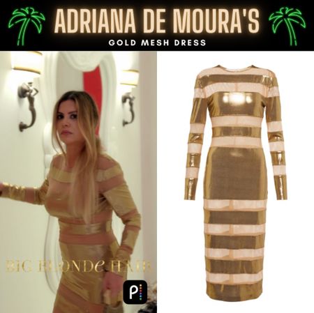Metallic Moment // Get Details on Adriana de Moura’s Gold Mesh Dress With The Link In Our Bio #RHOM #AdrianadeMoura