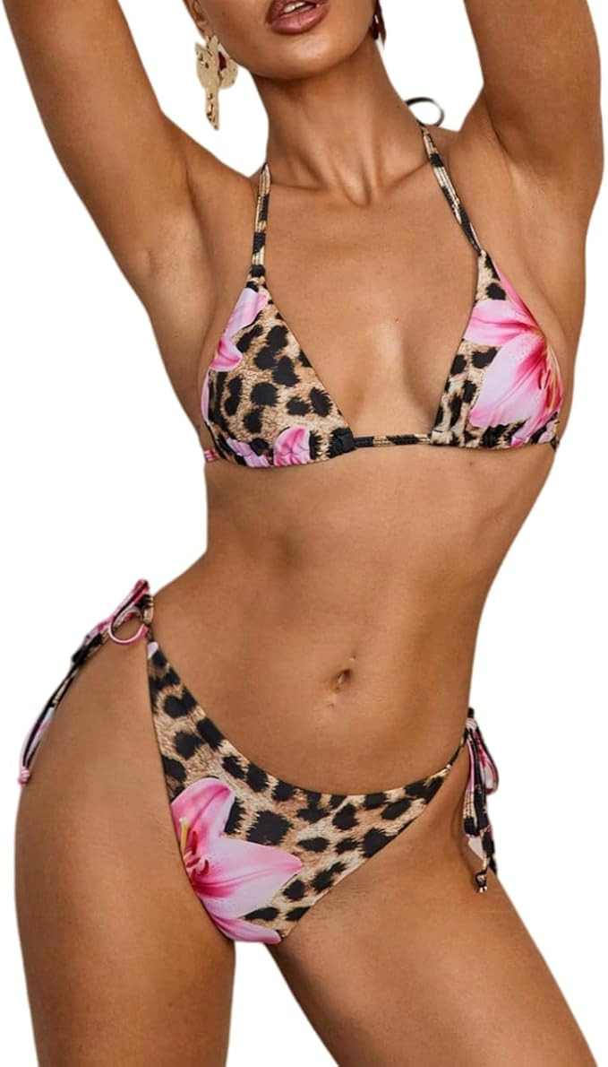 Women's 2 Piece Bikini Sets Floral Leopard Halter Triangle Bathing Suit Sexy Cheeky String Swimsu... | Amazon (US)