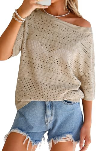 Arach&Cloz Womens Summer Linen Blend Crochet Tops Relaxed Fit Short Sleeve Sweater Boho Shirts Va... | Amazon (US)