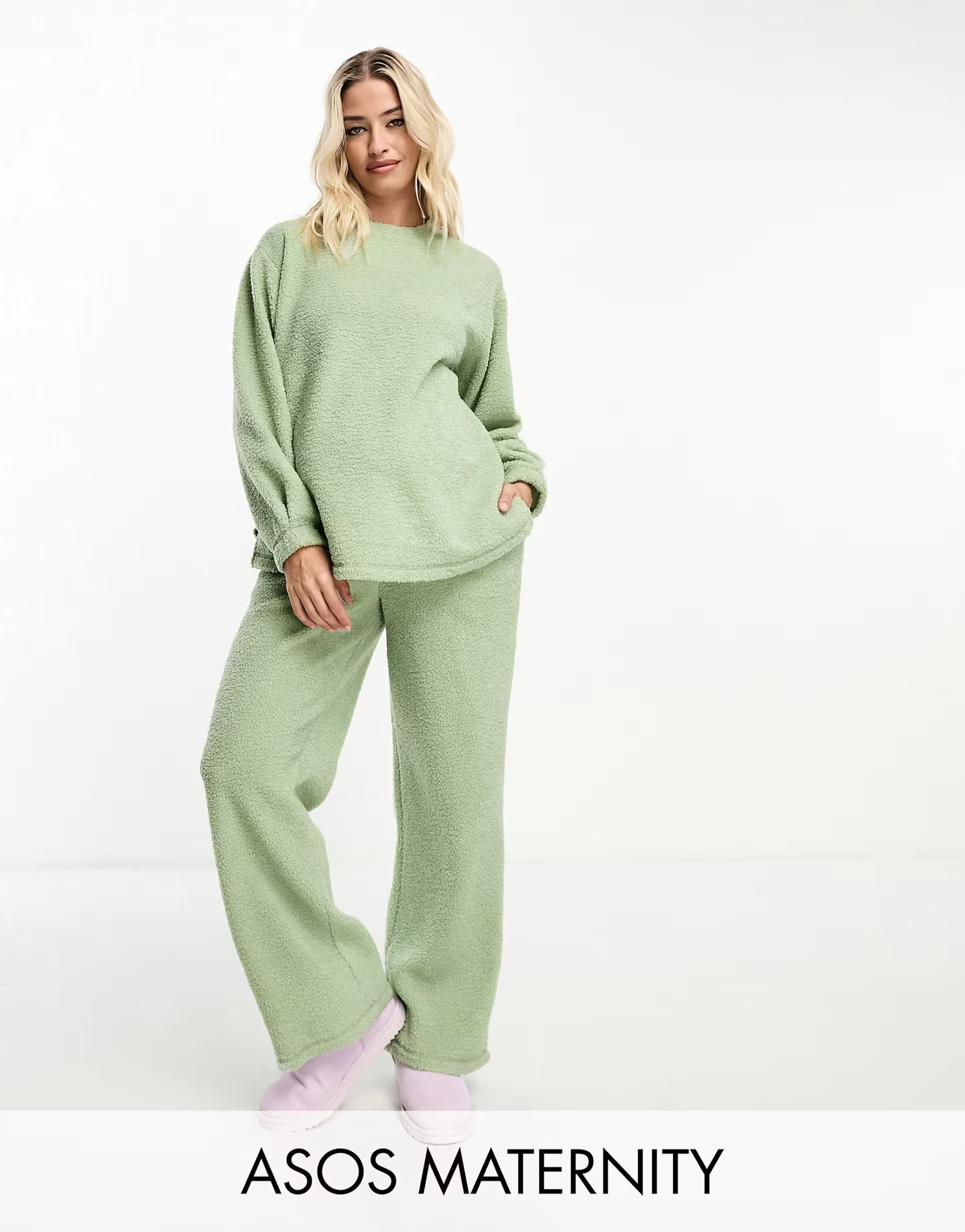 ASOS DESIGN Maternity lounge borg sweatshirt & wide leg pants set in sage | ASOS (Global)