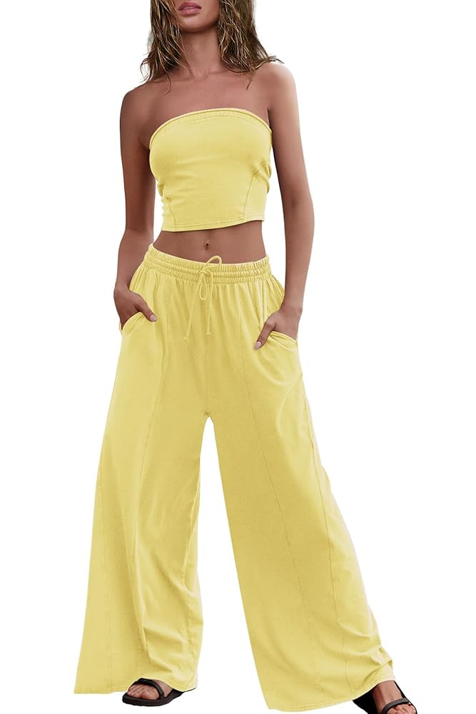 Panadila Womens Summer Lounge Sets 2 Piece Outfits Tube Top and Wide Leg Pants Matching Set Beach... | Amazon (US)