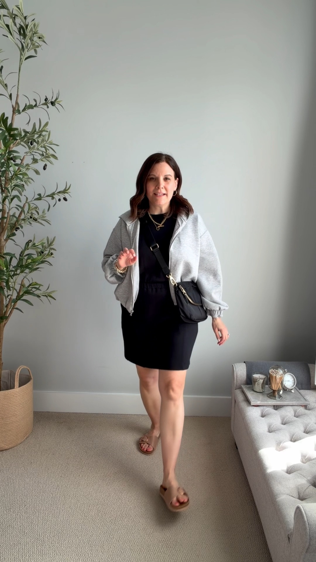 Easy outfit from Friday night when I ran out to do errands. These are pieces from my long weekend capsule wardrobe. I’m wearing this LOFT dress in a medium. I just picked it up in a heathered oatmeal color too. This bounce fleece bomber hoodie from Old Navy is so comfortable. I sized up to a medium.