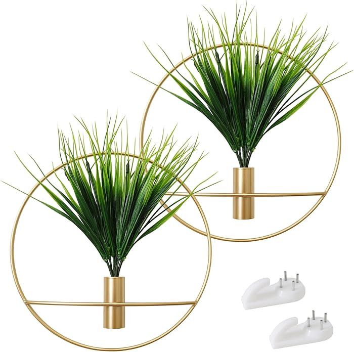 SAJANDAS Set of 2 Artificial Plants with Gold Metal Round Hanging Hoop for Wall Decor, Wall-Mount... | Amazon (US)
