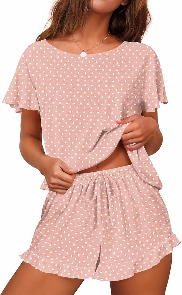 Ekouaer Women's Pajama Set Ruffle Sleeves Top and Short Soft 2 Piece Loungewear Set | Amazon (US)
