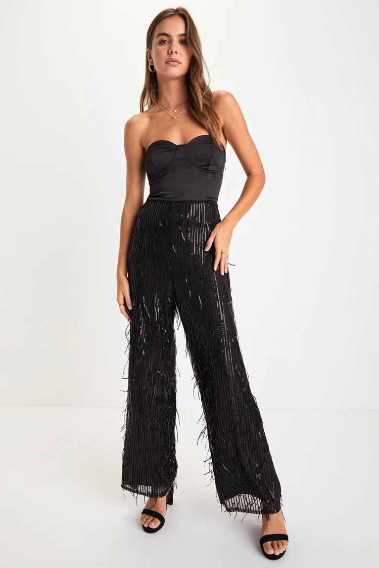 Shimmery Aura Black Sequin Fringe High-Rise Wide-Leg Pants | Lulus