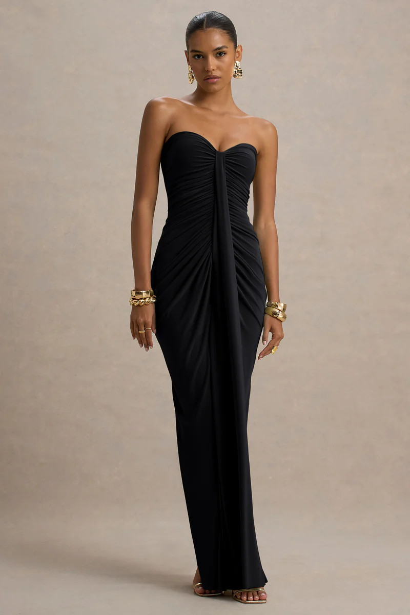 Ali  Black Sweetheart Ruched Wrap Maxi Dress | Club L London