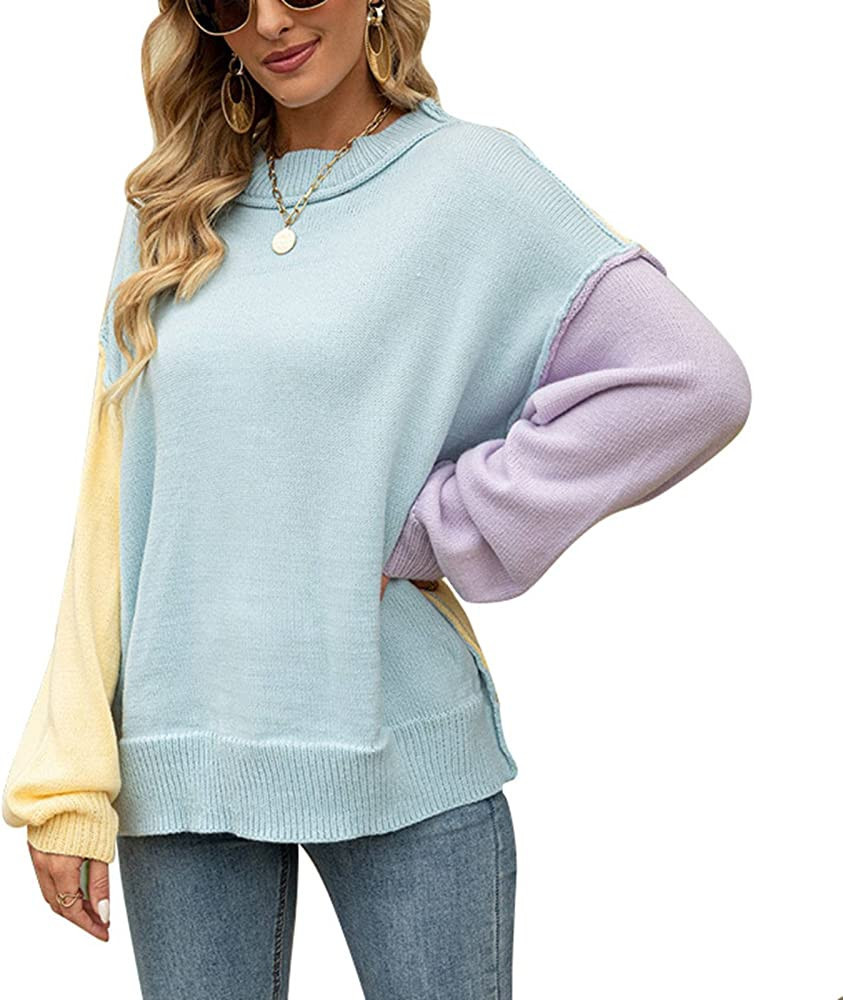 Women Color Block Sweater Round Neck Long Sleeve Loose Pullover Top for Autumn Winter | Amazon (US)