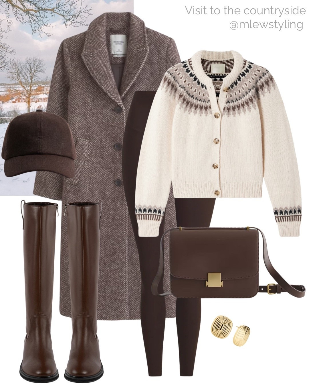 Winter outfit for a visit to the country 🤍

Tags: countryside look, fair isle cardigan sweater, Abercrombie wool coat, brown baseball cap, leather knee boots, brown leggings, quince shoulder bag, Mejuri gold earrings 

#LTKSeasonal #LTKootd #LTKTravel