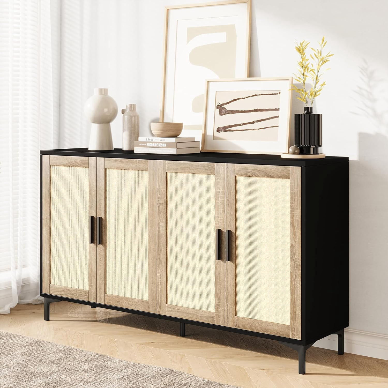 48 Inch Rattan Buffet Cabinet with Storage, Modern Sideboard Console Table for Living Room Kitche... | Walmart (US)