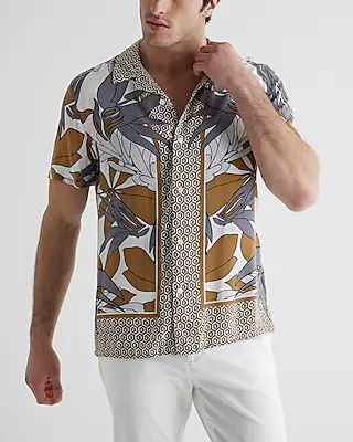 Geo Floral Print Rayon Short Sleeve Shirt | Express