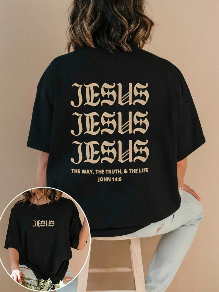 SHEIN LUNE Plus Size Round Neck T-Shirt With Slogan Print | SHEIN