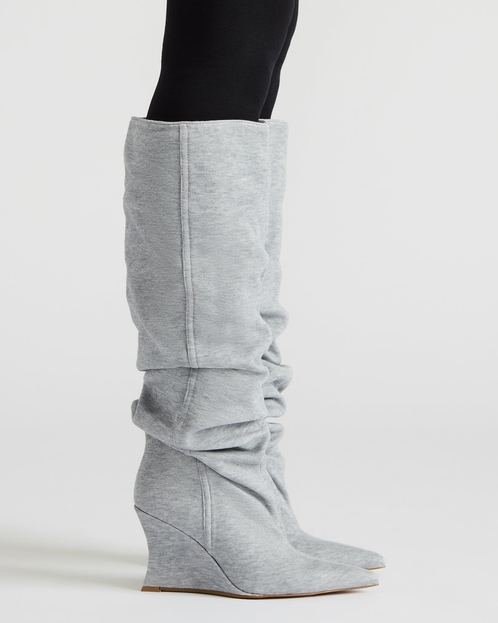 DISTORTION Grey Fabric Pointed-Toe Scrunched Knee-High Wedge Women's Boot | Steve Madden (US)