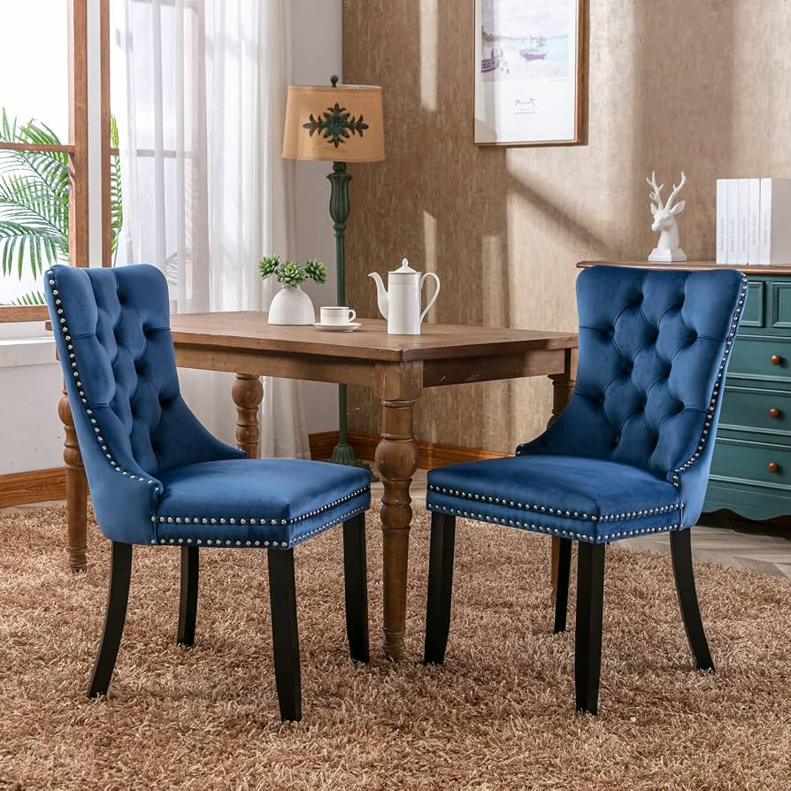 extrasleep Modern Velvet Upholstered Wood Dining Chairs Set of 2, Blue | Amazon (US)