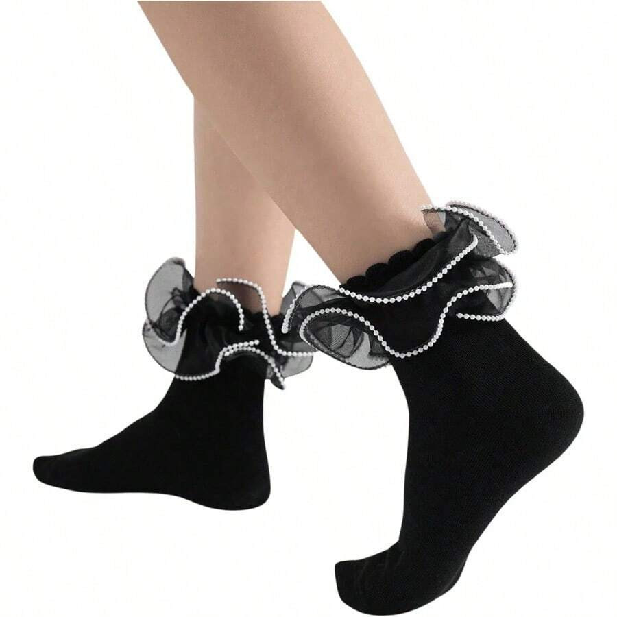 Women's 1 Pair Pearl Beaded Sheer Ruffle Frilly Crew Socks Soft Comfortable Casual Sock Lolita So... | SHEIN