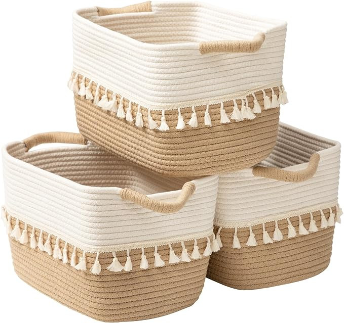 TeoKJ Woven Storage Bin Set of 3, Cotton Rope Basket for Storage, Clothes Boho Storage Basket Bin... | Amazon (US)