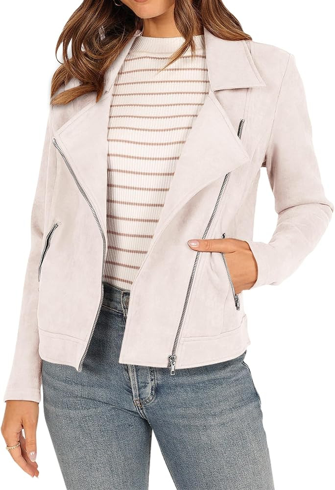 KIRUNDO Womens Faux Suede Jacket 2024 Fall Winter Clothes Casual Zipper Cropped Coat Bomber Biker... | Amazon (US)
