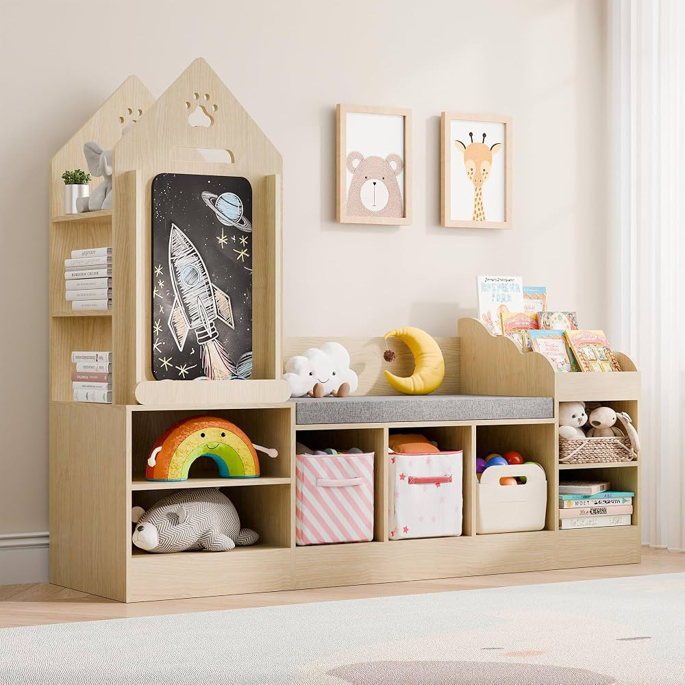 MU Kids Bookshelf with Reading Nook, Wooden Toy Storage Organizer with Chalkboard and Bench, Kids... | Amazon (US)