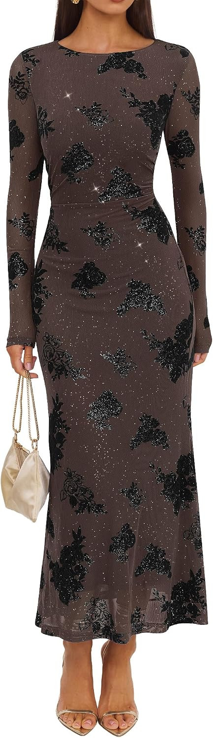 ZESICA Women Fall Floral Wedding Guest Cocktail Maxi Dress | Amazon (US)
