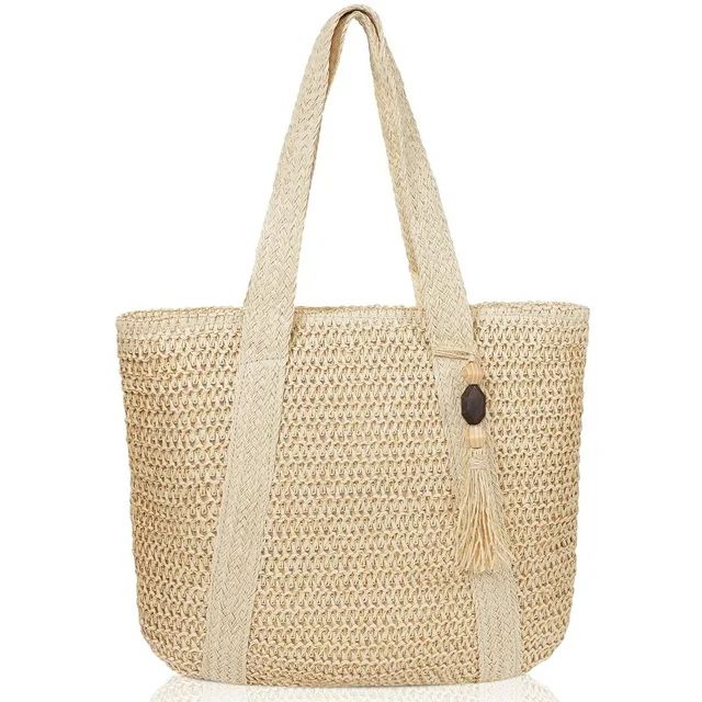 AOUNQ Straw Handbags for Women Woven Summer Purses Beach Tote Bag with Zipper Carry on Bags for V... | Walmart (US)