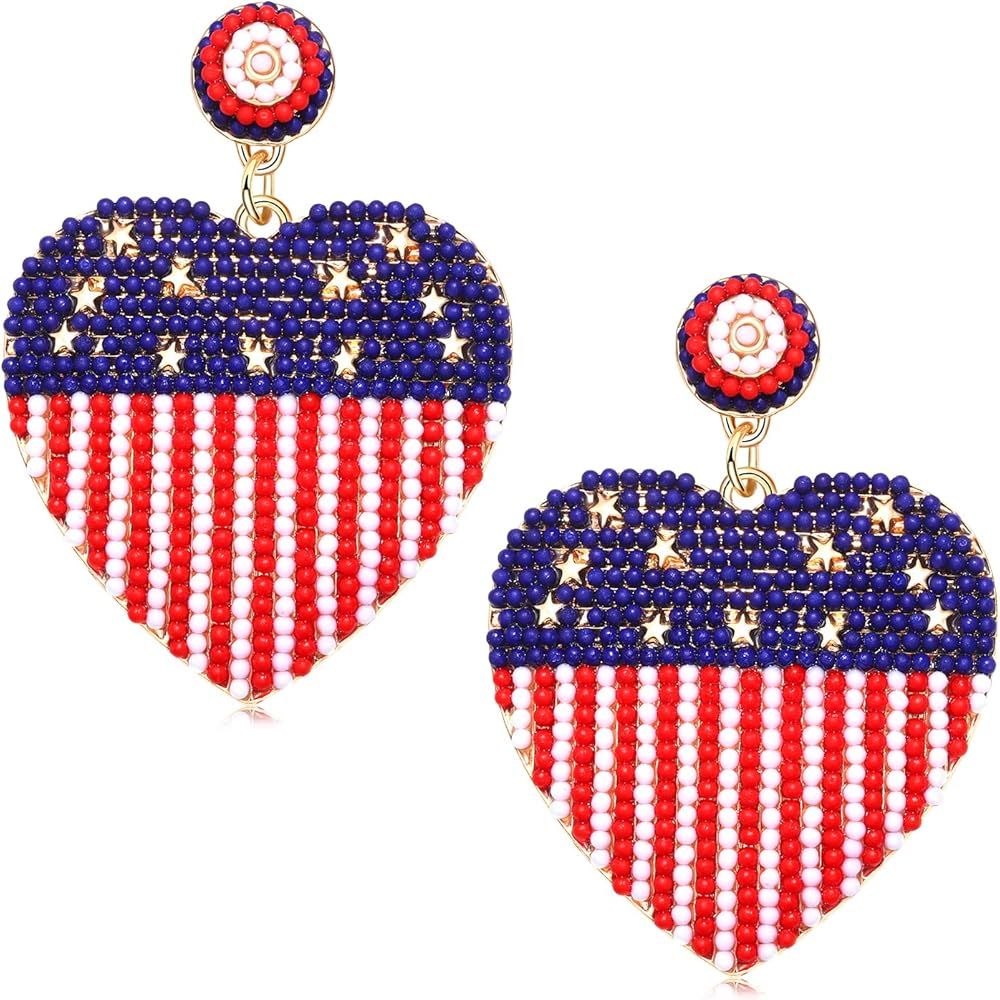 American Flag Earrings for Women Patriotic USA Heart Smiley Face Bow Beaded Drop Dangle Earrings ... | Amazon (US)
