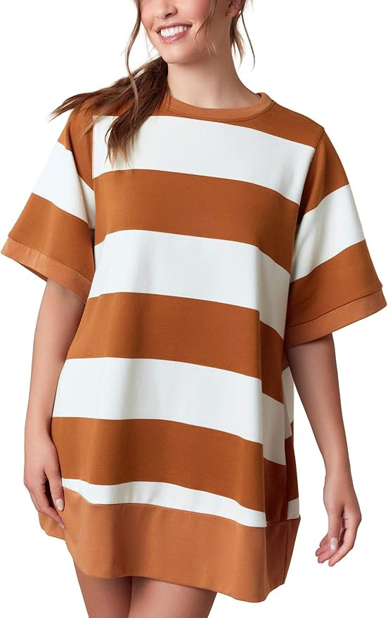 Hey Sweetie Women's French Terry Stripe Short Sleeve Mini Dress – Round Neck Casual Dress for E... | Amazon (US)