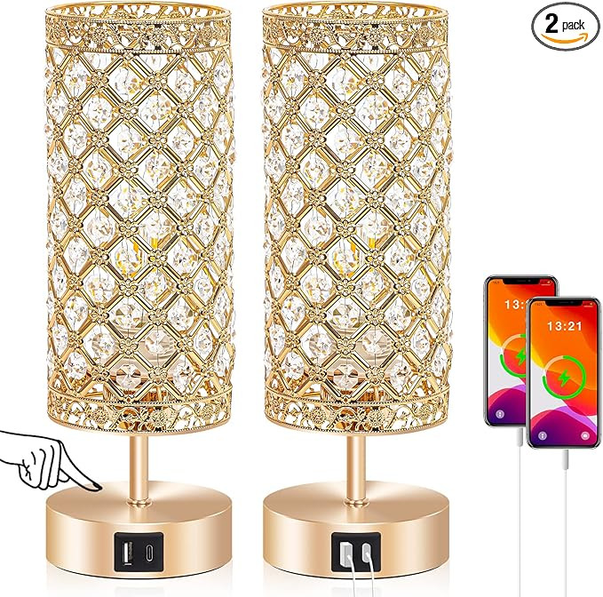 Ganiude Touch Control Crystal Table Lamps Set of 2, Nightstand Gold Lamps with USB C+A Charging P... | Amazon (US)