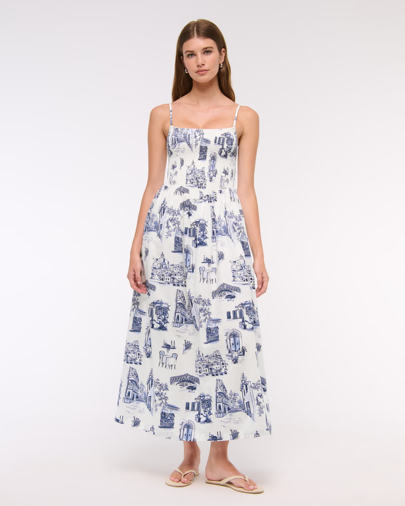 Women's Dipped-Waist Smocked Midi Dress | Women's New Arrivals | Abercrombie.com | Abercrombie & Fitch (US)