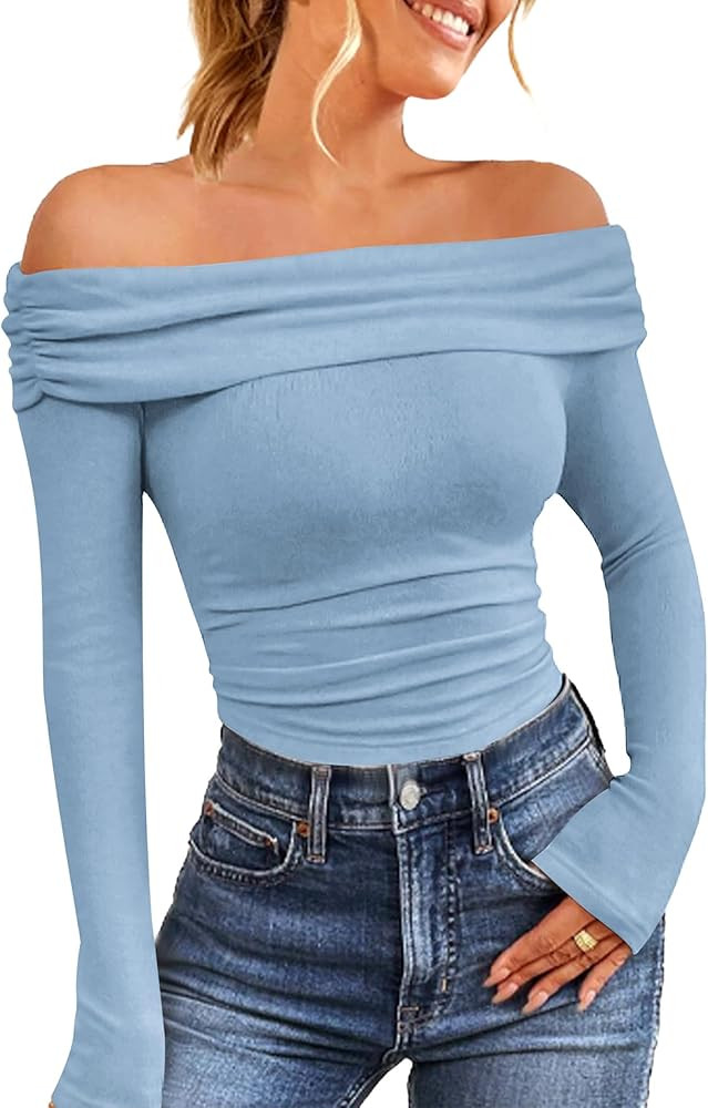 HOTOUCH Women Off Shoulder Tops Long Sleeves Casual Dressy Blouses Y2K Clothes Trendy Slim Fit Se... | Amazon (US)