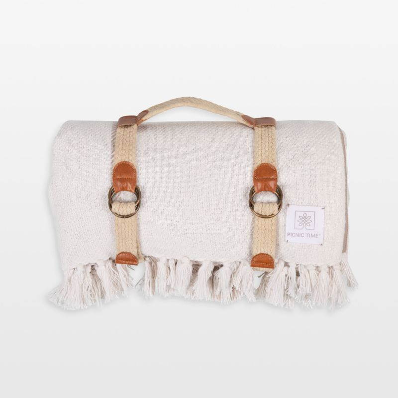 Montecito White & Brown Outdoor Picnic Blanket with Carrying Handles + Reviews | Crate & Barrel | Crate & Barrel