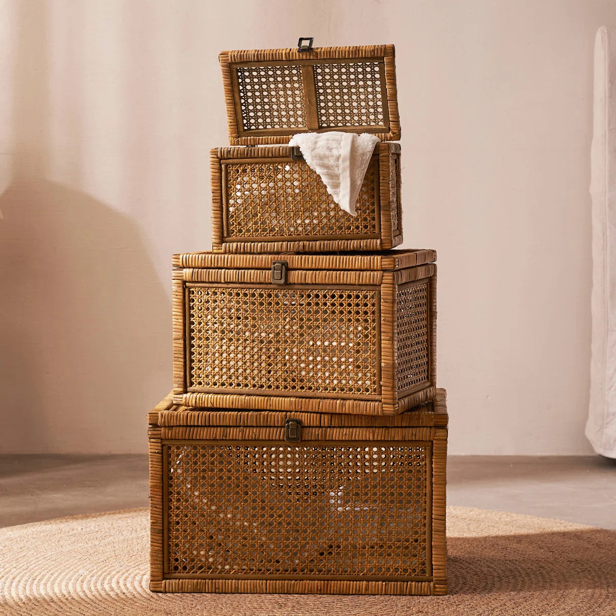 Natural Rattan Storage Box Set of 3, Decorative Woven Chest Trunks with Latch Closures | Wayfair North America