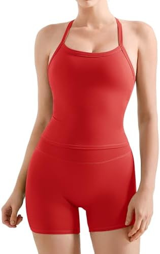 SUUKSESS Women 2 Piece Workout Sets High Waisted Tummy Control Biker Shorts Halter Padded Tank To... | Amazon (US)