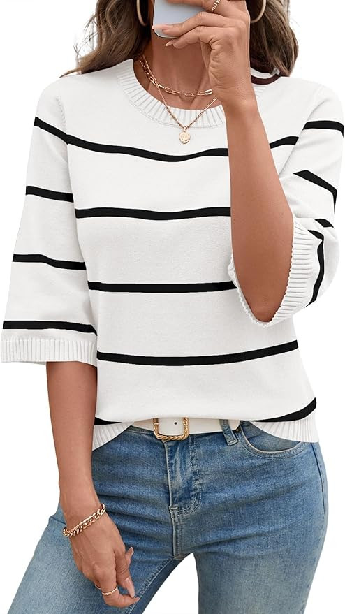 LOMON Womens Sweaters Casual Fall 2025 Crew Neck Striped 3/4 Sleeve Lightweight Knit Trendy Pullo... | Amazon (US)