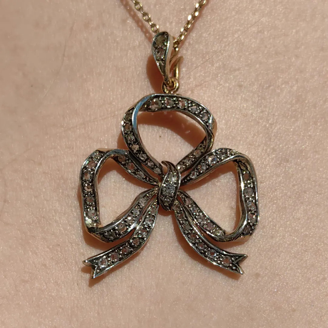 Rose Diamond Solid  Hallmarked Yellow Gold Bow Statement Necklace Pendant, Antique Victorian 1880... | Etsy (US)