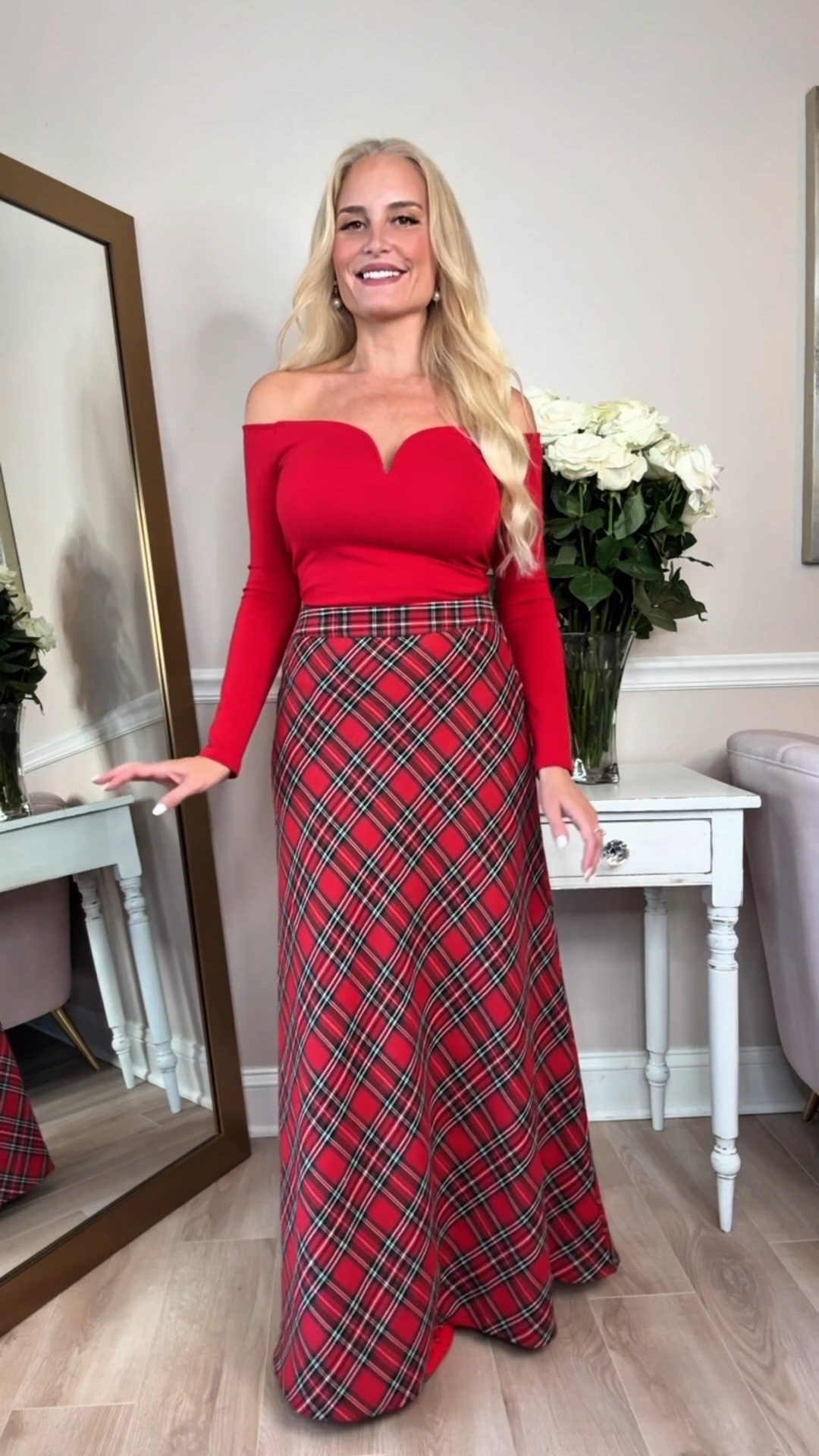 The prettiest red plaid tartan maxi skirt! So obsessed with this for Christmas and I already can't stop wearing it. It's sold out immediately, but will probably come back in stock so keep an eye on it or sign up to find out when it comes back in stock. Use code REBECCAP35 for 35% off at Vici! Linking similar skirts too. 

#LTKFindsUnder100 #LTKootd #LTKHoliday
