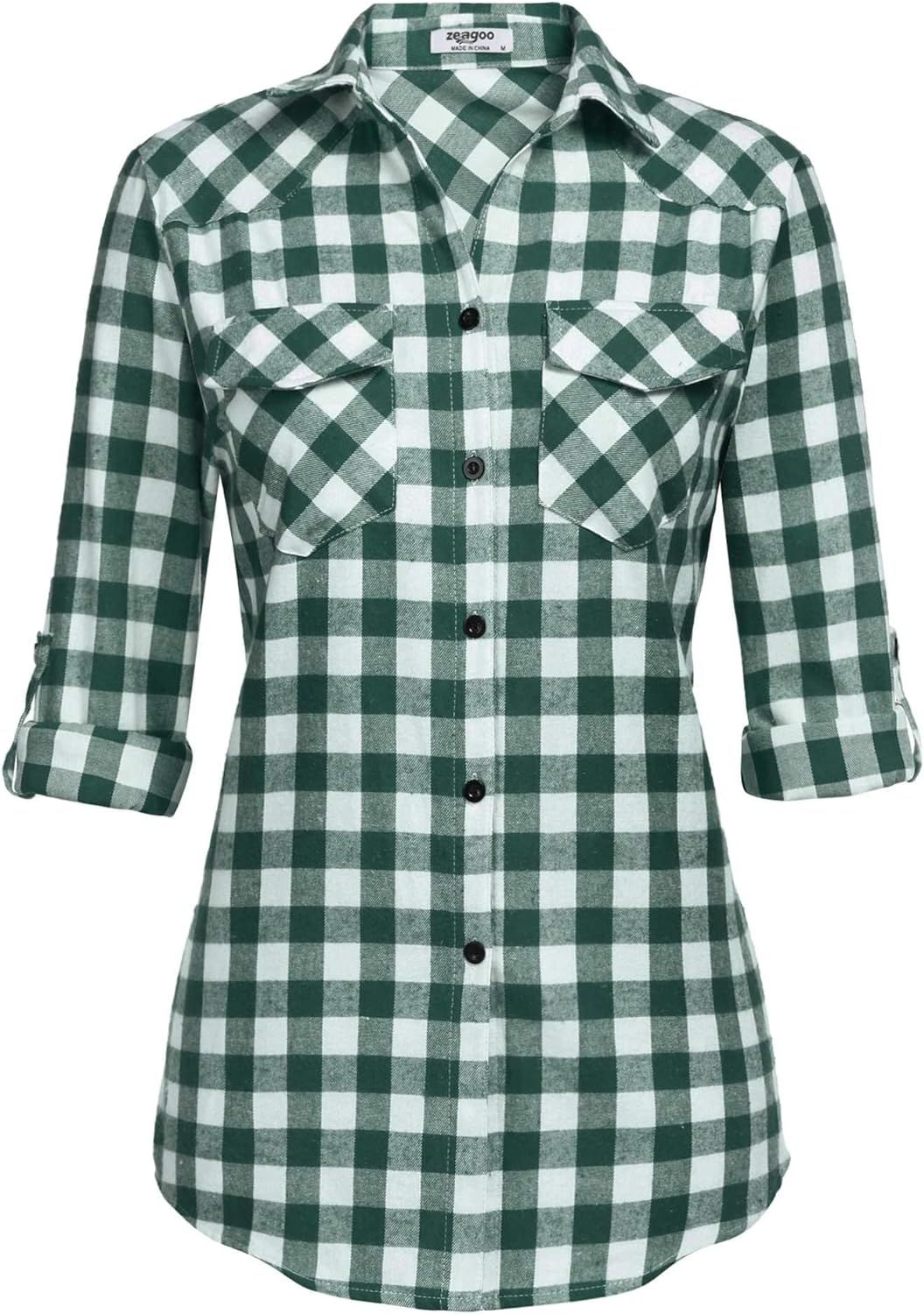 Zeagoo Womens Flannels Long/Roll Up Sleeve Plaid Shirts Cotton Check Gingham Top S-3XL | Amazon (US)