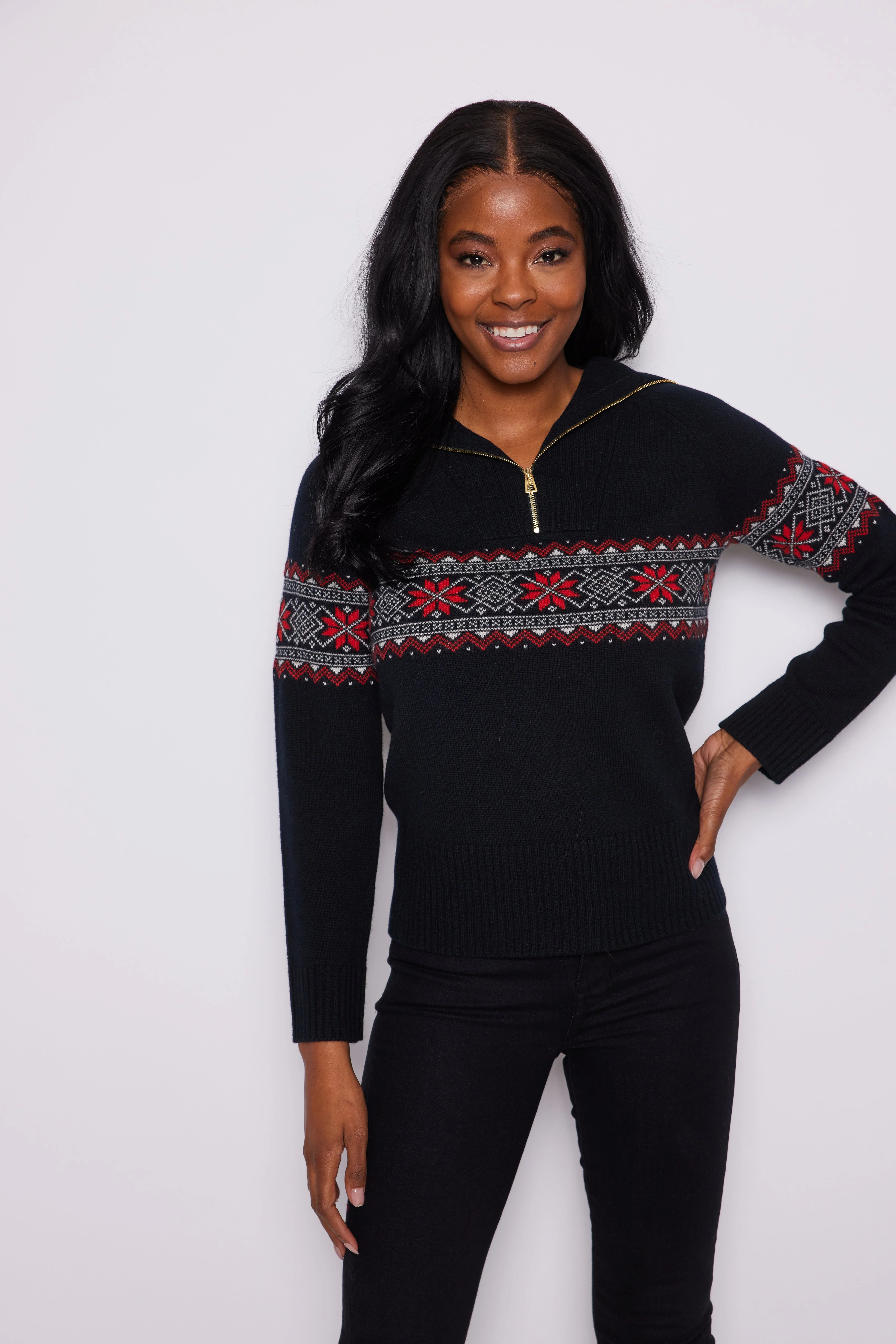 Black Fair Isle Zip Front Sweater | Sail to Sable