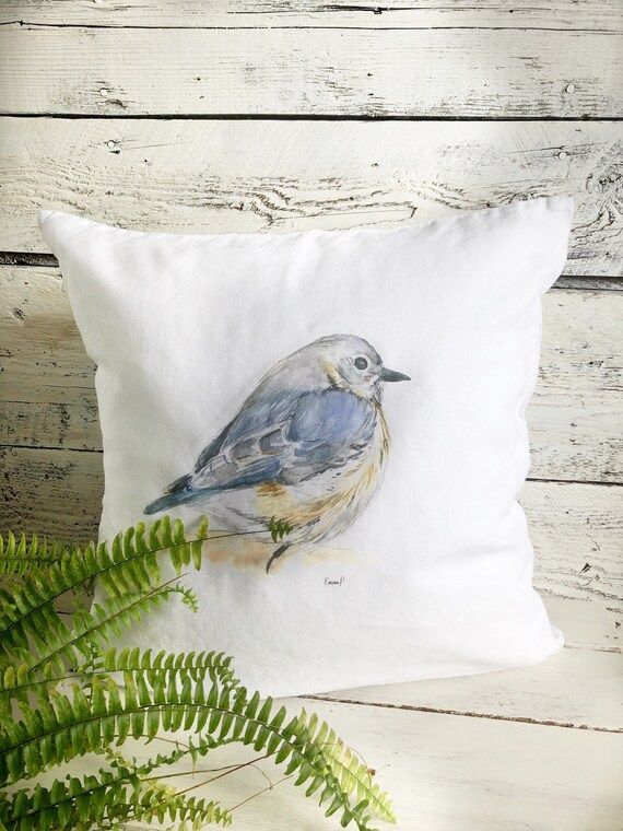 Linen blue bird pillow cover, 17 inch square, white stone washed french linen, home decor,  house... | Etsy (US)