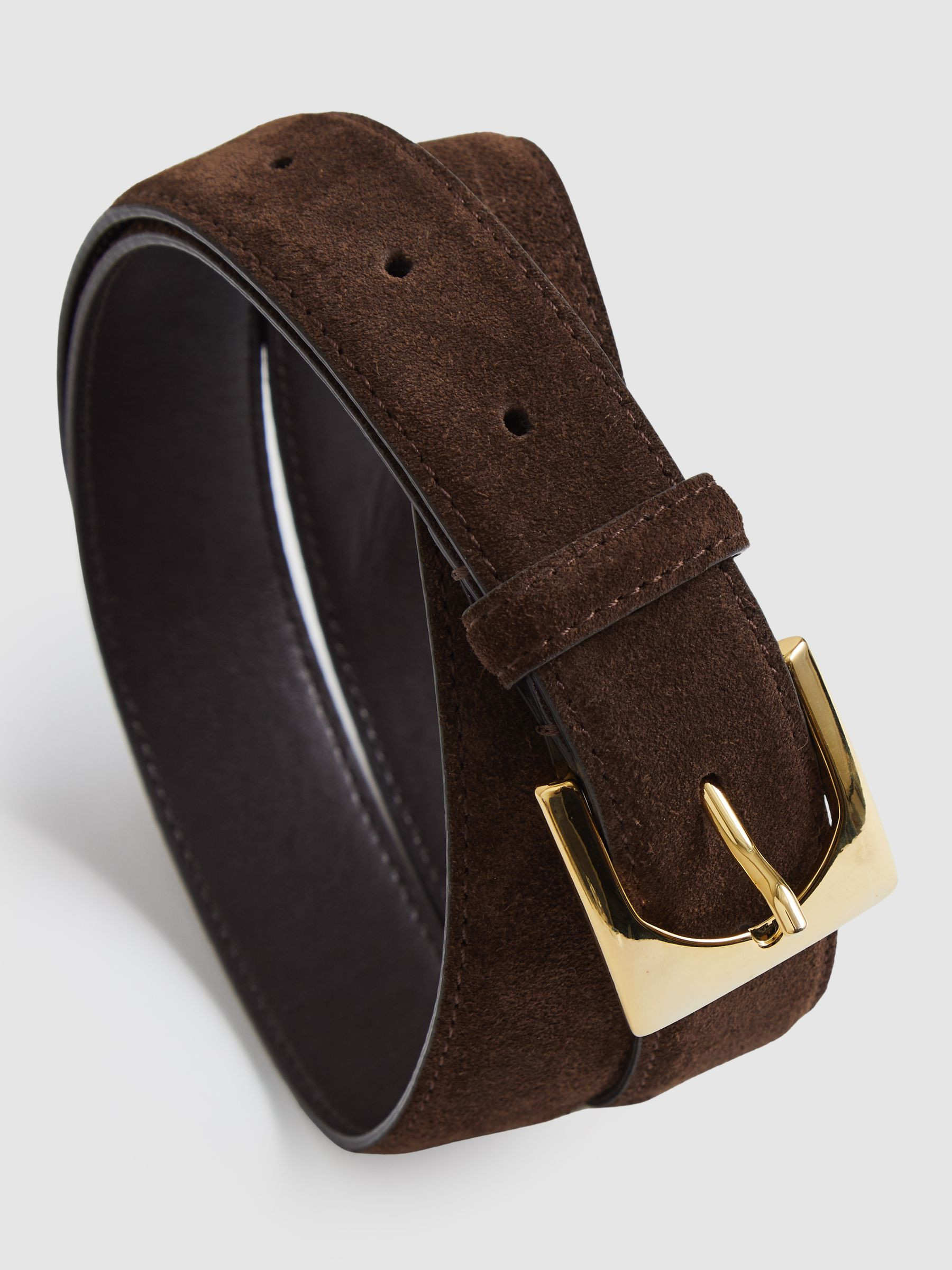 Suede Square-Buckle Belt in Chocolate | Reiss UK
