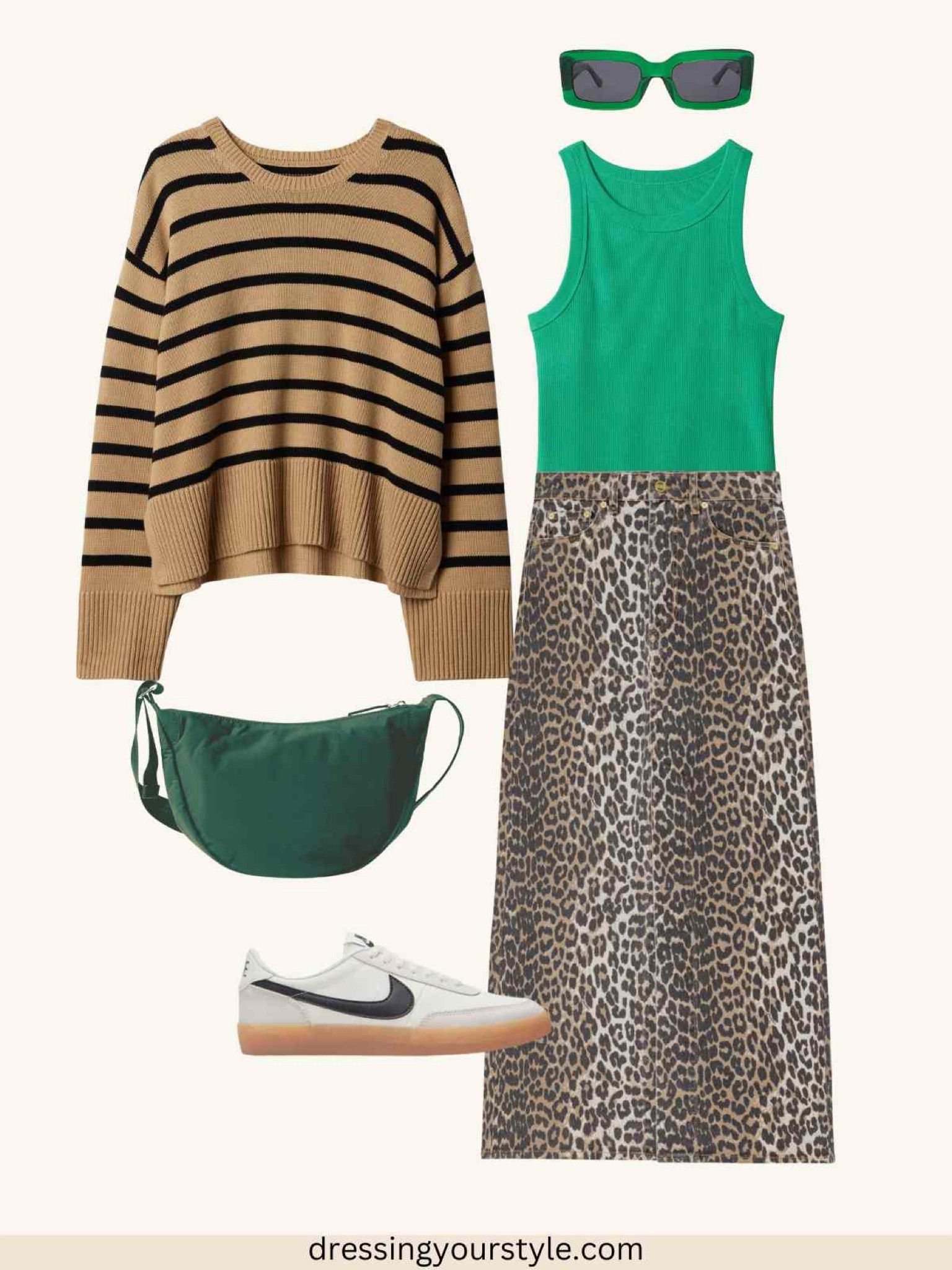 Leopard print skirt outfit with a green tank,  tan stripe crew neck sweater snd Nike sneakers. 

Leopard midi skirt, leopard print maxi skirt, leopard outfit, leopard print midi skirt, Nike sneakers outfit, striped stripes, spring outfit, summer outfit, leopard and green 

#LTKOver40 #LTKFindsUnder50
