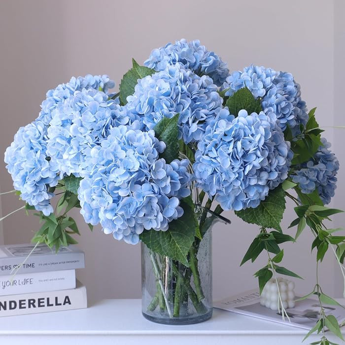 Buart 4PCS Long Stem Big Size Blue Flowers Artificial Silk Hydrangea Lifelike Flowers Real Touch ... | Amazon (US)