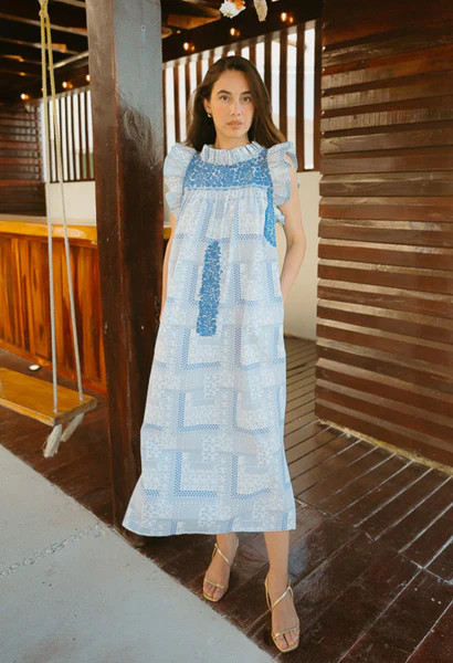 Olivia Blue Floral Block Print Midi Dress | Mi Golondrina