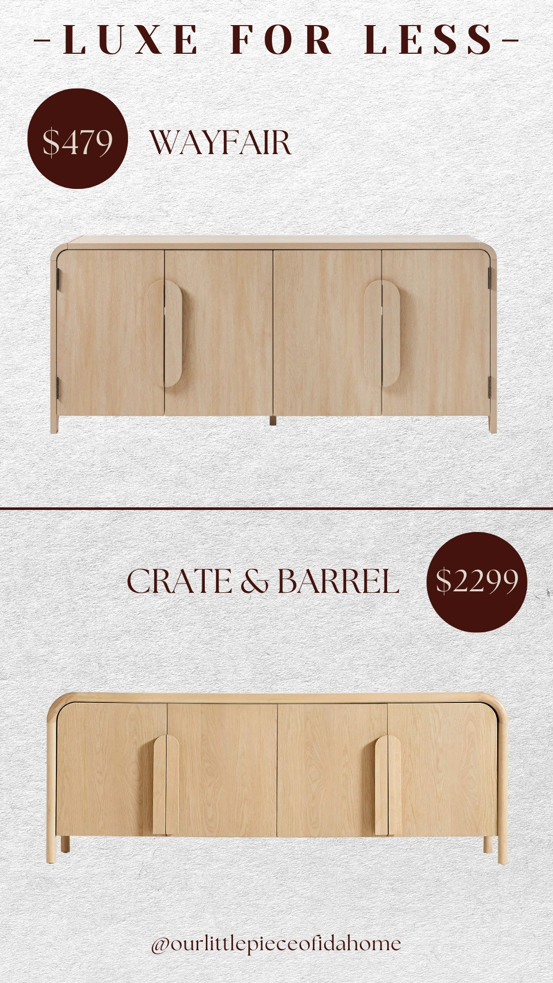 A true luxe-for-less moment.
This Wayfair sideboard delivers the same clean lines, light wood tone, and sculptural presence as the Crate & Barrel version, at a fraction of the price.

A smart choice for dining rooms, living spaces, or entryways when you want storage that looks intentional and elevated. Both options are linked so you can compare and decide what works best for your home.

#luxeforless #ltkhome #sideboardstyle #neutralhome #elevateddecor #budgetfriendlyhome #homefurniture 

 #LTKU #LTKHome #LTKSaleAlert