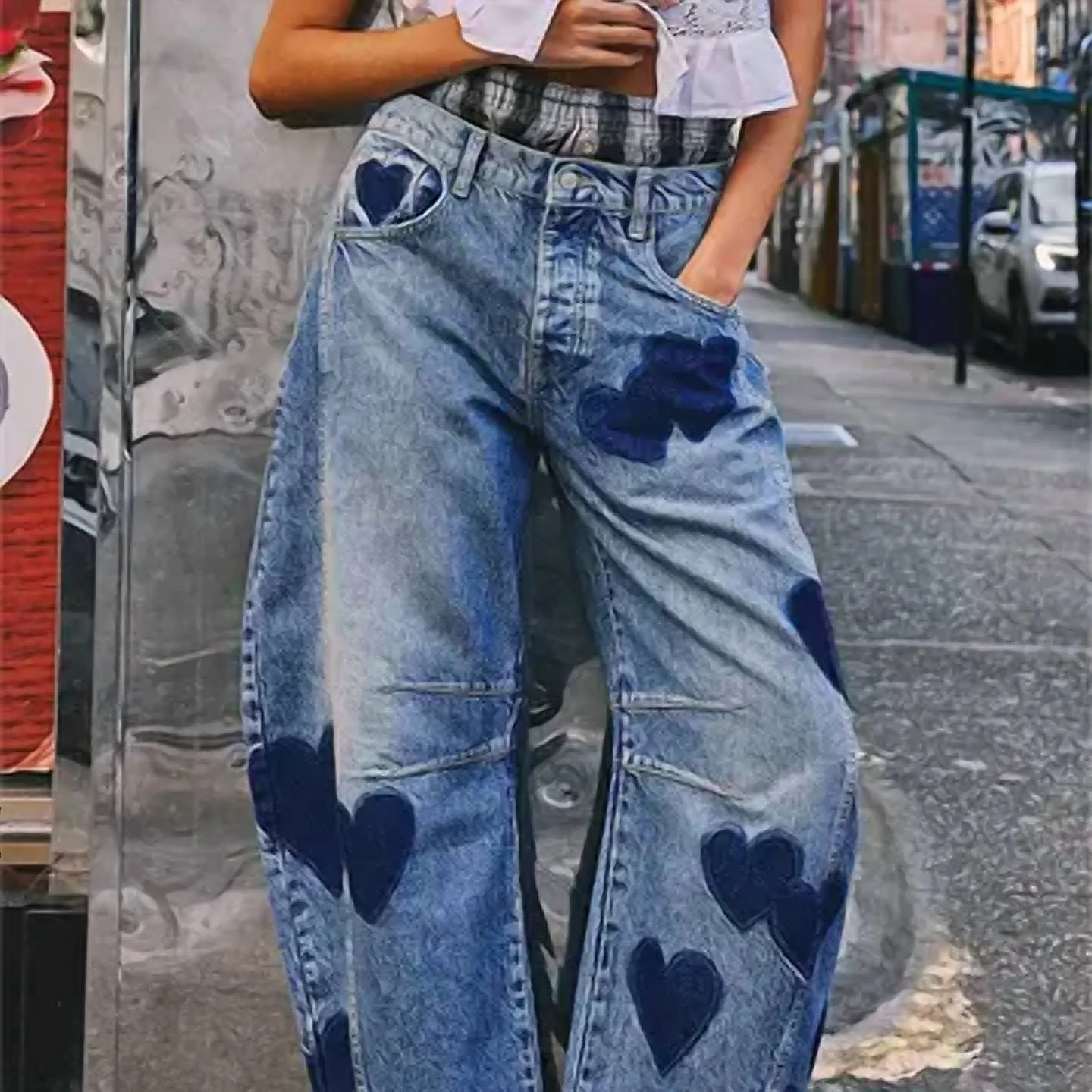 Heart Pattern Wide Leg Jeans In Blue | Shop Simon