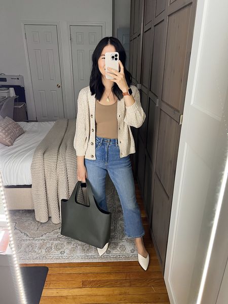 Cream cardigan (XS)
Beige tank top (XS/S)
High waisted cropped jeans (27P)
Olive green tote bag
Cuyana System tote
White pumps (1/2 size up)
White mule pumps 
Smart casual outfit
Weekend outfit
Spring outfit
Mom outfit
LOFT outfit


#LTKSeasonal #LTKsalealert #LTKstyletip