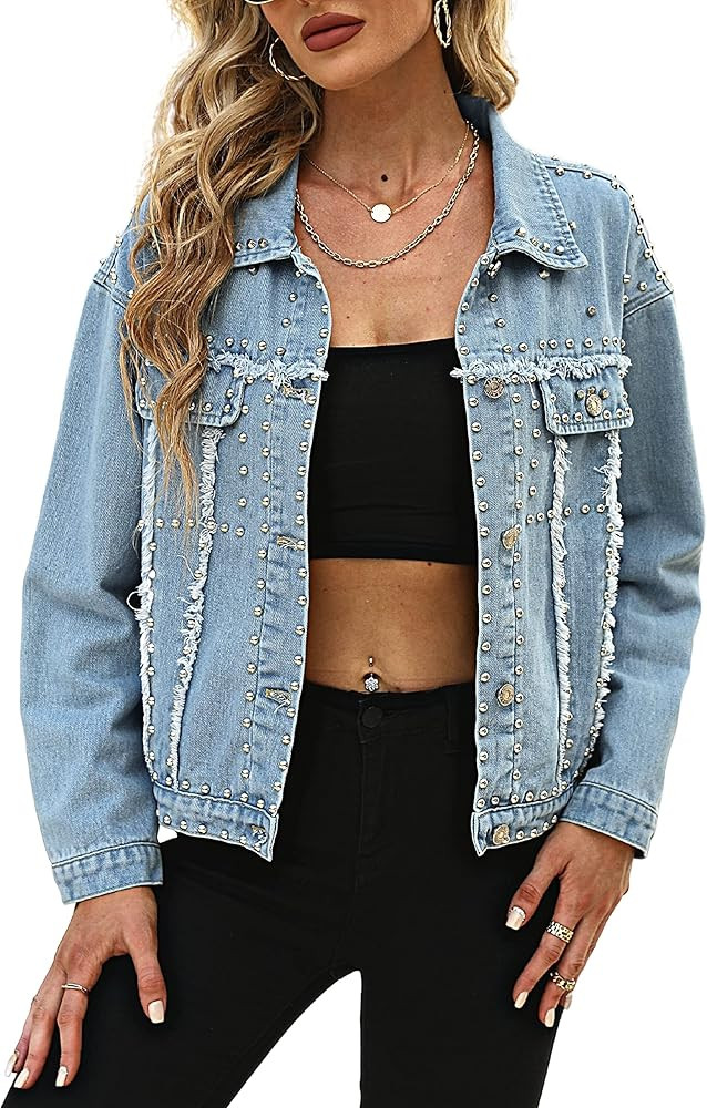 Gozoloma Women's Fashion Cropped Jean Jacket Lapel Long Sleeve Button Down Studded Short Rivet De... | Amazon (US)