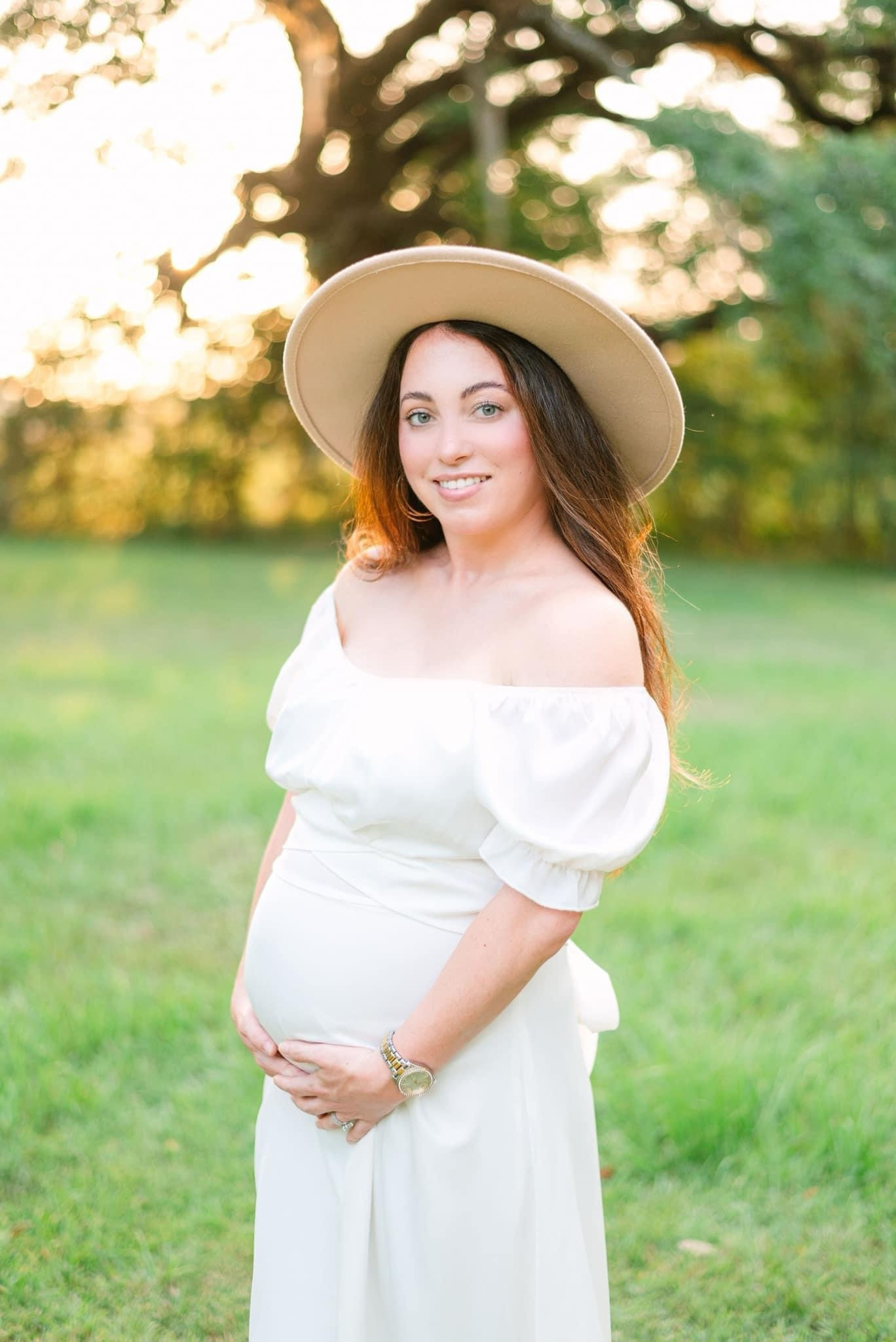 White dress maternity, summer, fall, photography session, outfits, hat, off shoulder white dress, family photography 