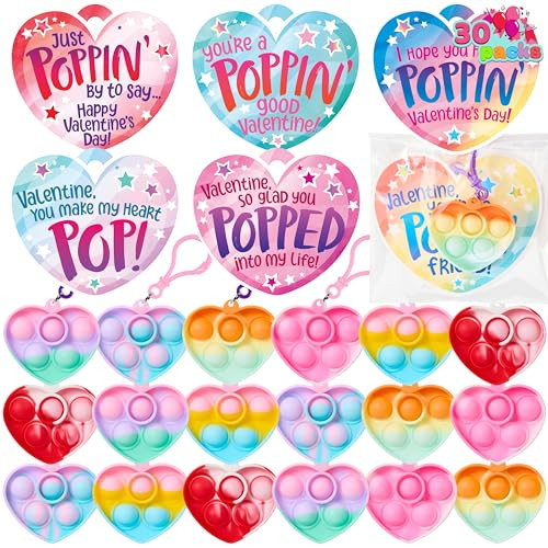 JOYIN 30 Packs Valentines Day Gifts for Kids, Pop Bubble Keychain with Heart Valentines Day Cards for Kid School Classroom Exchange Prize, Stress Relief Fidget Toy for Girl Boy Valentine Party Favor | Amazon (US)