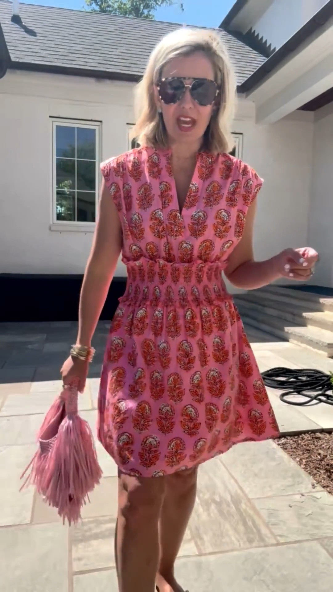 This dress is soooo adorable! Pink & orange is always a favorite of mine. I’m in size small dress. Grab my bag and bling sandals on sale! I normally wear a size 8 in sandals, but I did ￼did size down to a 7.

 *Use my code Catherine20 on A+B
 *Use code Mixandmatchmadness on Loopy

#LTKSeasonal #LTKmomlife #LTKdayinmylife