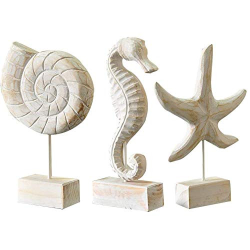 3Pcs Modern Wood Sculpture Home Decor Statue Starfish Conch Seahorse Figurines Beach Nautical Sty... | Amazon (US)