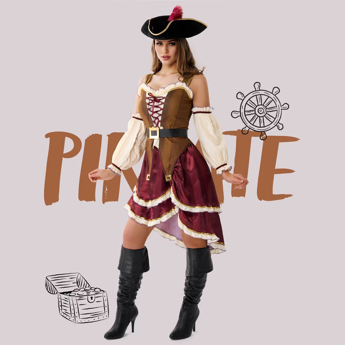 Joyfy Women Halloween Pirate Captain Costume Adult Brown Pirate Dress with Hat and Belt for Hallo... | Target